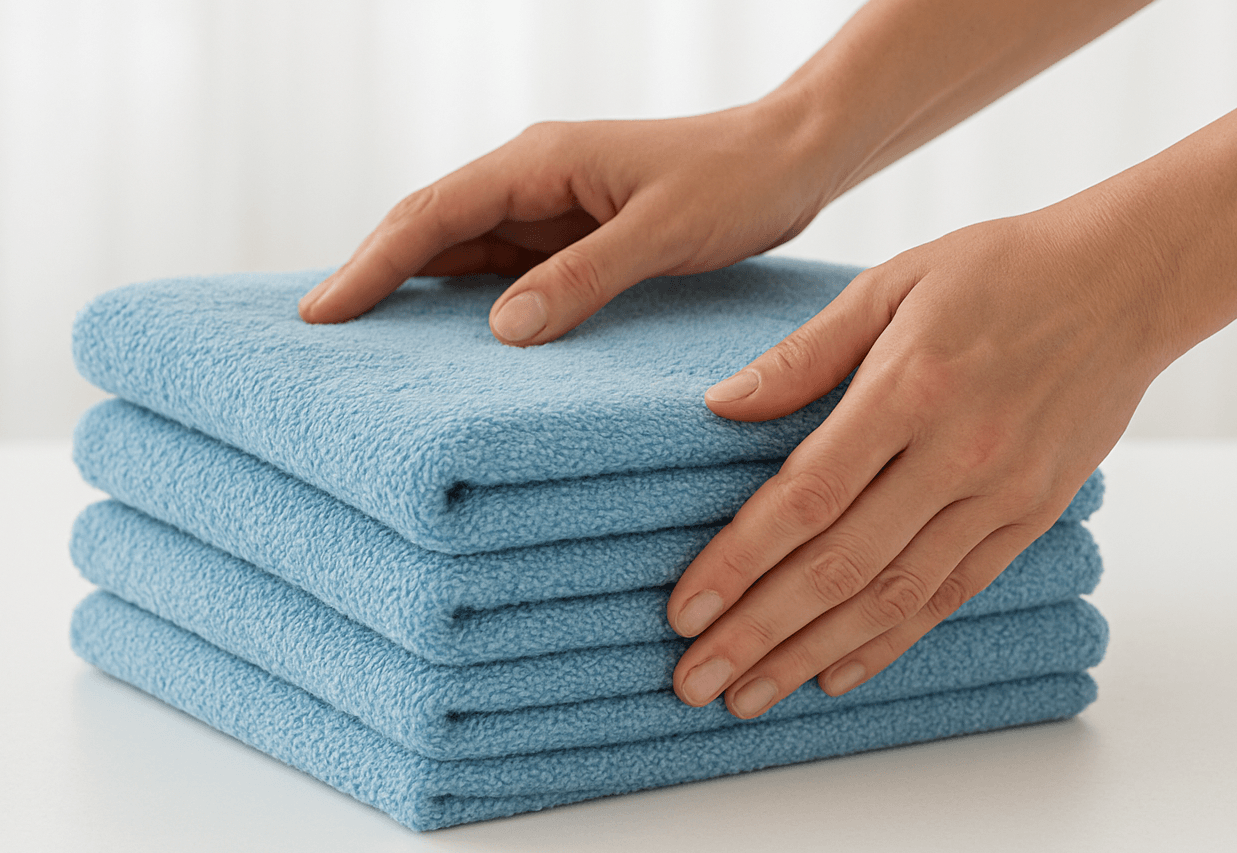 Sorgfältig gelegte, hellblaue Frottee-Handtücher